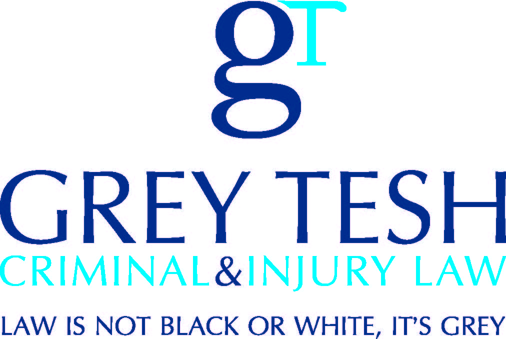 Grey Tesh Criminal & Injury Law banner with navy blue and turquoise lettering on a white background